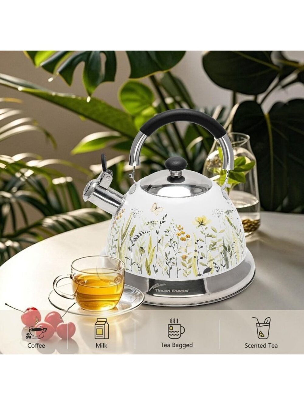 White Field Flower 304 Stainless Steel Whistling Tea Kettle 3.1 Quart Stovetop - Picture 2 of 6